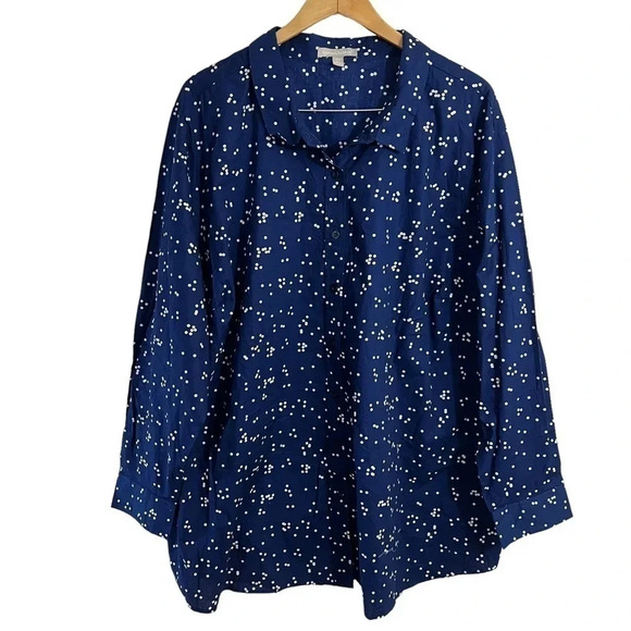 Woman Within Button Up Shirt 3X Navy Blue White Spotted Polka Dot Long Sleeves - Picture 1 of 5